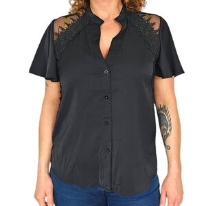 Droimp Black Button-Up Sheer Embroidered Short Sleeve Top Size Large